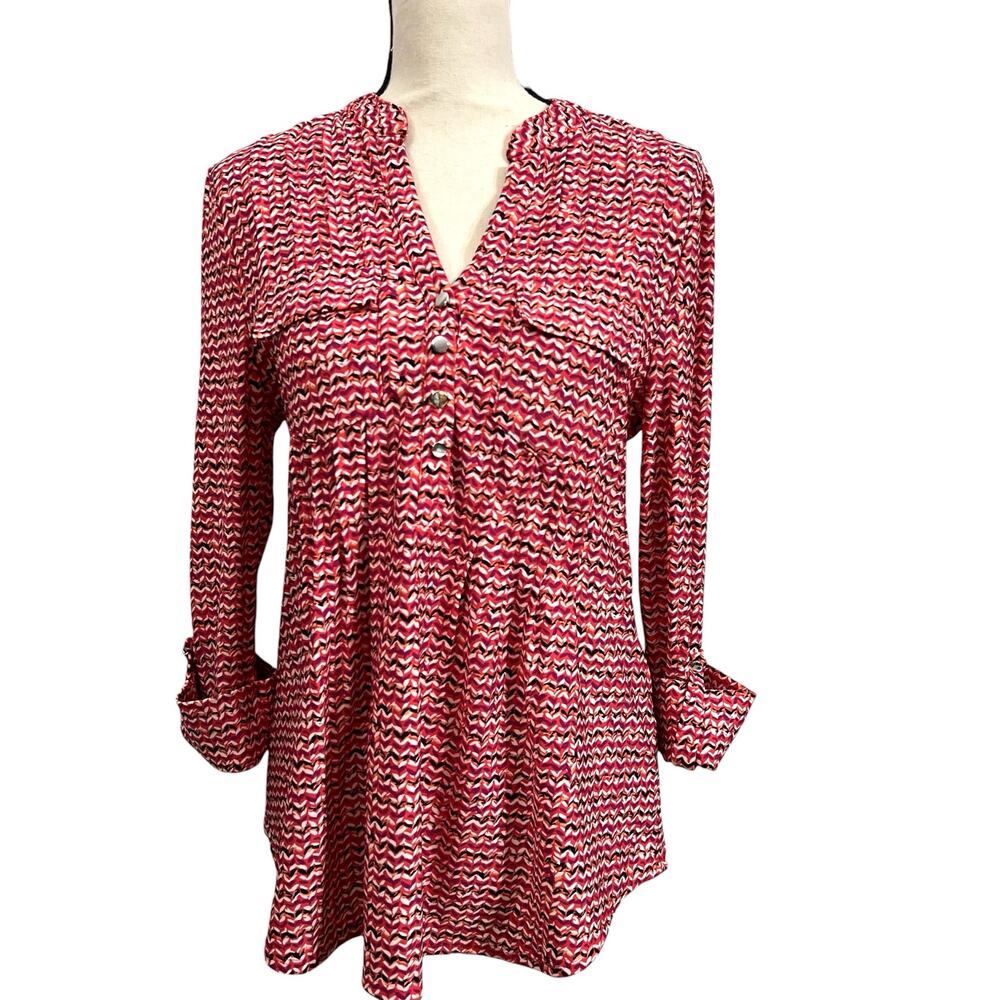 Ava & Grace Women’s Blouse Medium Red Pink Abstract Print 3/4 Sleeve